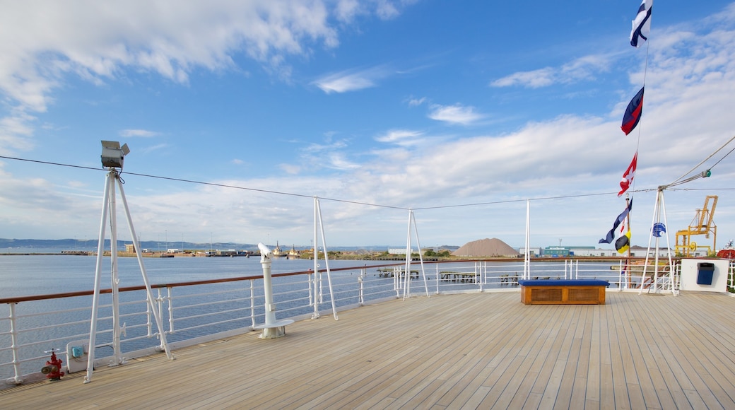 Royal Yacht Britannia which includes general coastal views and boating