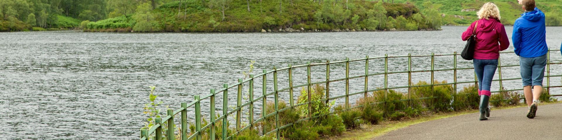 Loch Katrine featuring a lake or waterhole and forests as well as a small group of people