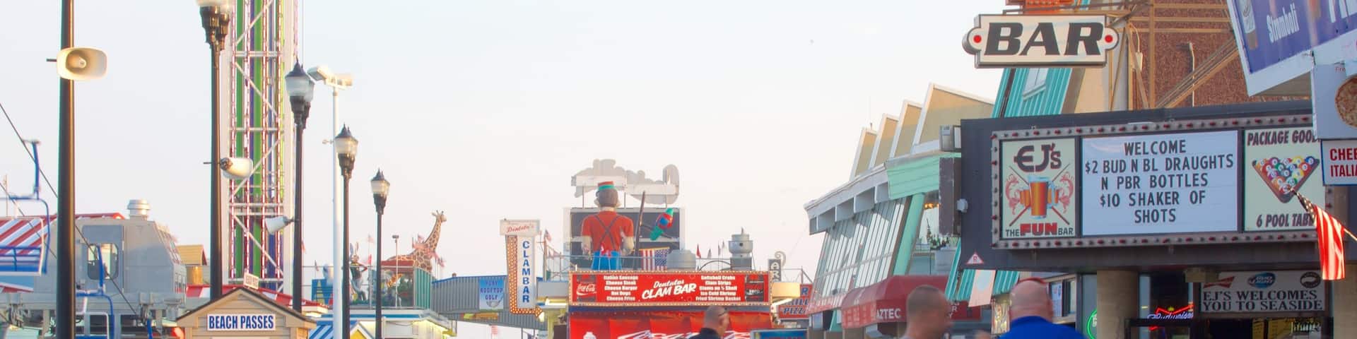 Casino Pier featuring signage and street scenes as well as a large group of people