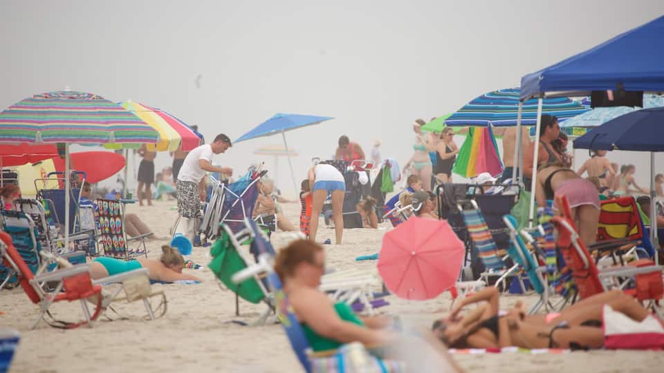 Atlantic City montrant vues littorales et plage de sable aussi bien que important groupe de personnes