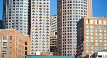 Seaport District showing city views and a city as well as a large group of people