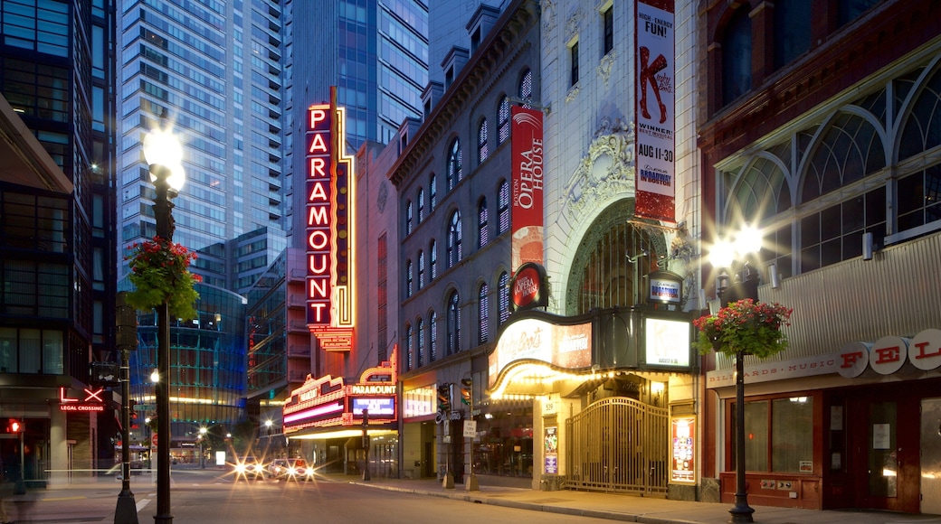 Theatre District showing signage, street scenes and a city