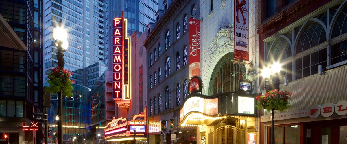Theatre District featuring signage, a city and central business district