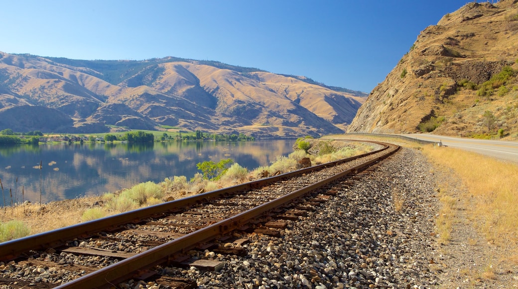 Wenatchee - Lake Chelan which includes a river or creek, railway items and mountains