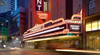 Theatre District che include paesaggio notturno e segnaletica