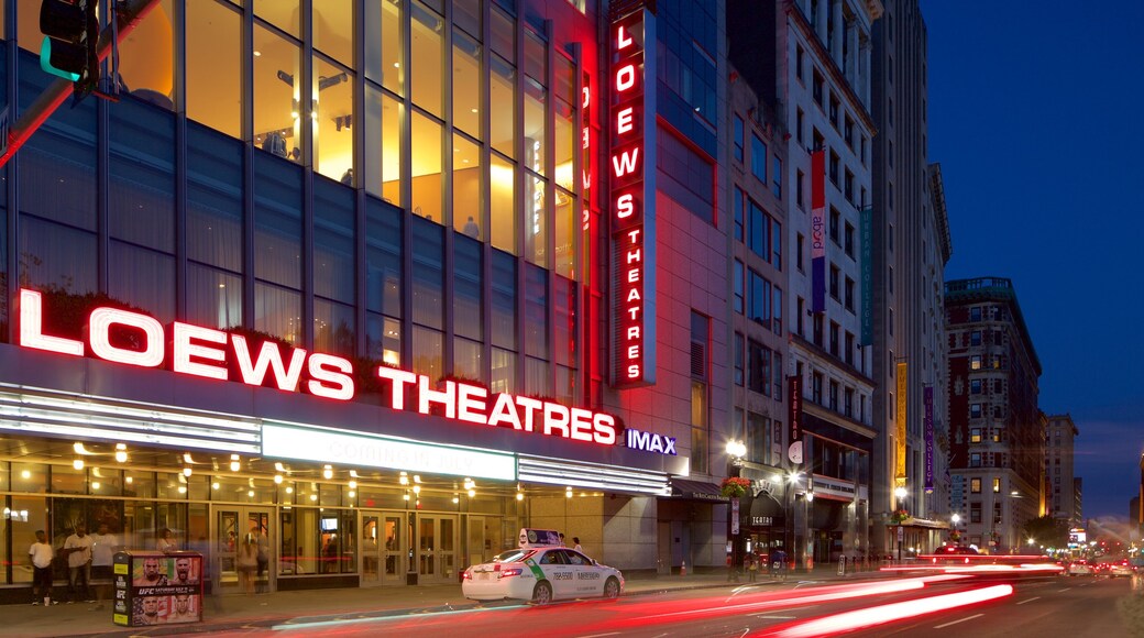 Theatre District - Downtown Crossing featuring night scenes and signage