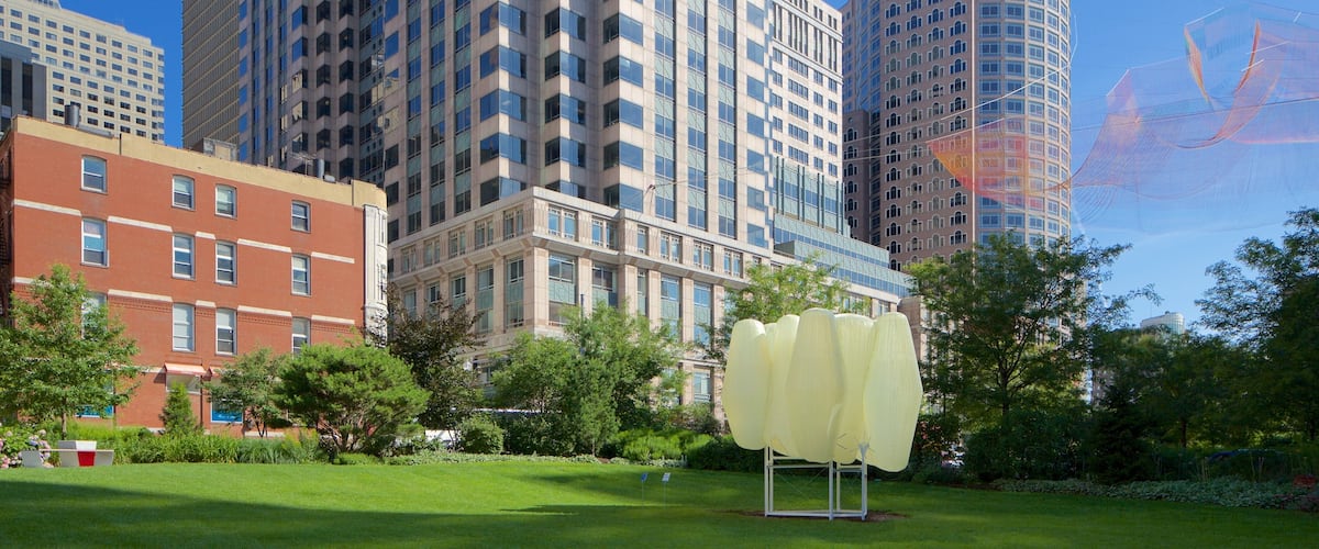 Boston Financial District which includes a garden and a city