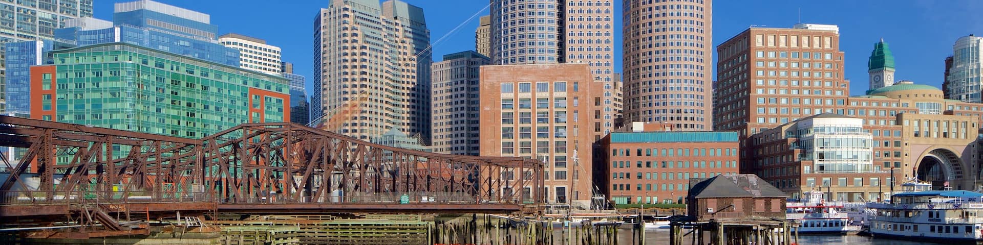 Seaport District which includes a city, a river or creek and a high rise building