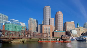 Seaport District which includes a city, a river or creek and a high rise building