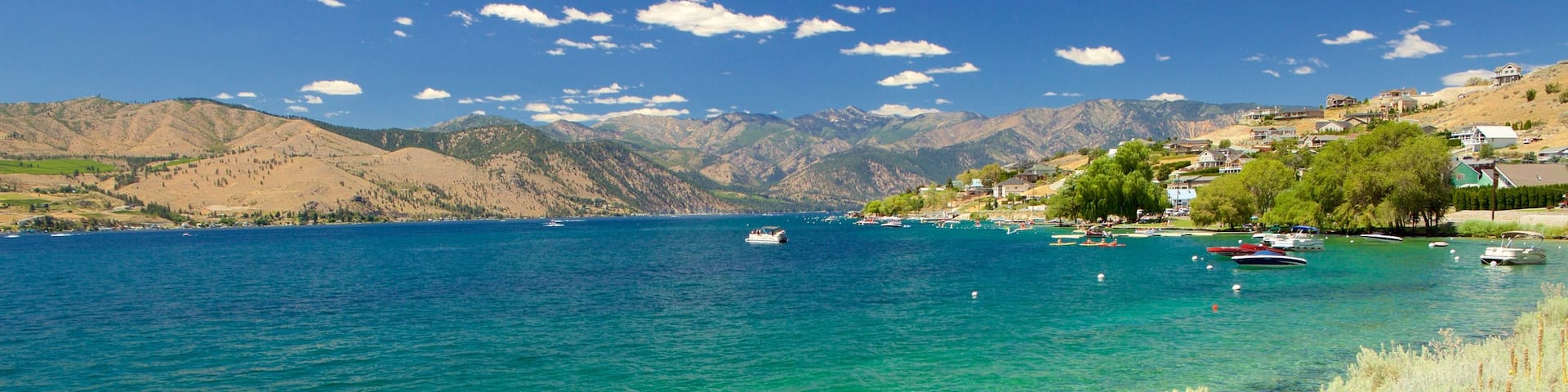 Lake Chelan featuring mountains, a coastal town and general coastal views