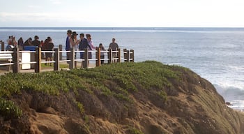 La Jolla Cove which includes rugged coastline and general coastal views as well as a small group of people