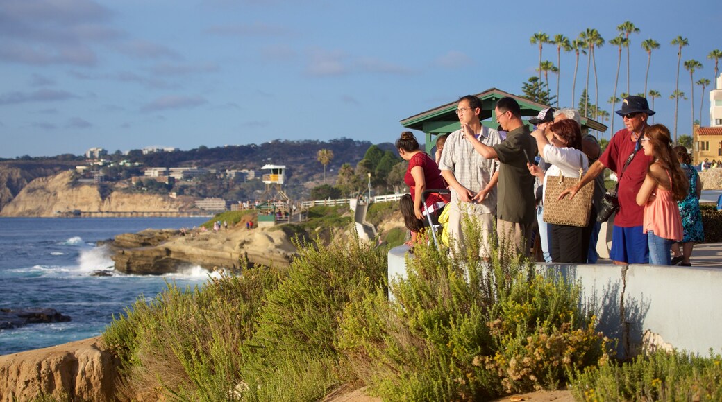 Playa La Jolla Cove ofreciendo vistas generales de la costa y una ciudad costera y también un pequeño grupo de personas