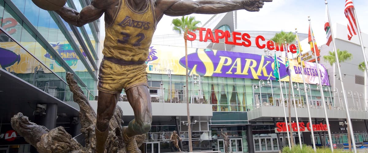 Staples Center which includes shopping, signage and a statue or sculpture