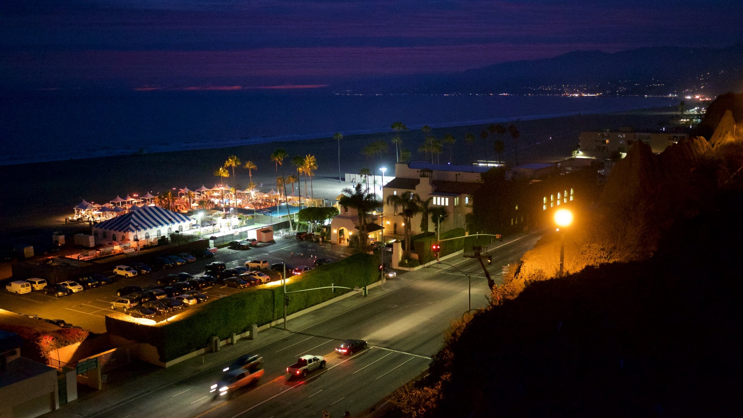 Santa Monica which includes night scenes and a coastal town