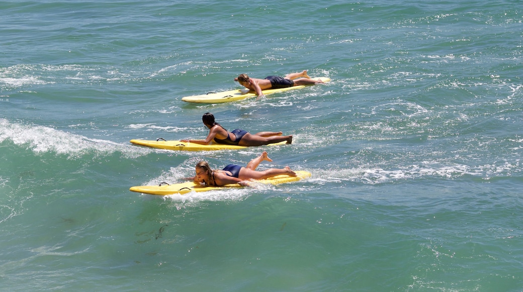 Hermosa Beach welches beinhaltet Sandstrand und Surfen sowie kleine Menschengruppe