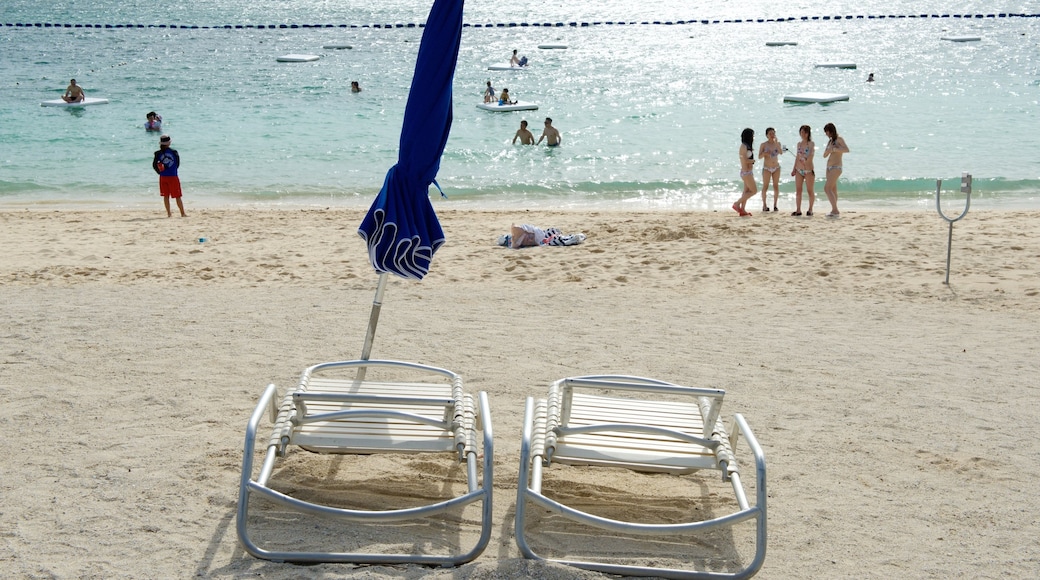 Okinawa das einen Schwimmen und Sandstrand sowie große Menschengruppe