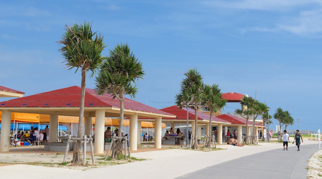 Okinawa toont buiten eten en een kuststadje en ook een grote groep mensen