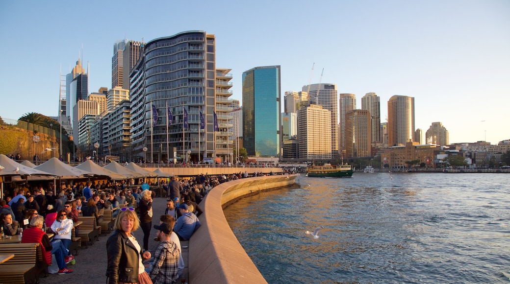 Circular Quay que incluye una puesta de sol, una ciudad y distrito financiero central