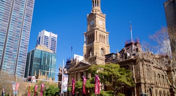 Sydney Town Hall which includes cbd, heritage architecture and a city