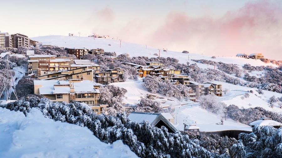 Mt. Buller Ski Slopes som viser en lille by eller en landsby og sne