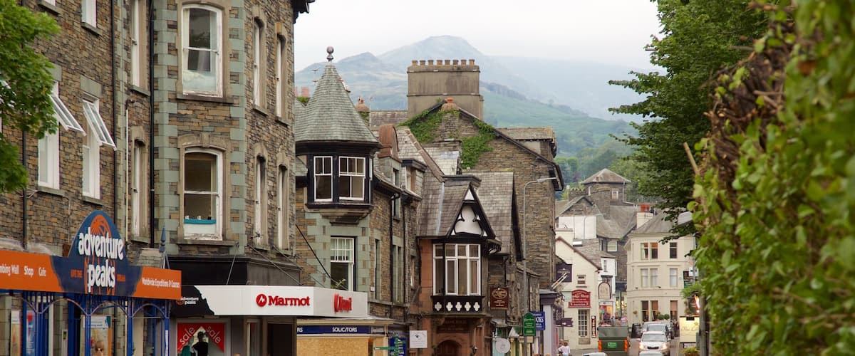 Ambleside featuring signage, a small town or village and street scenes