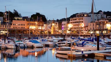 Torquay showing night scenes, boating and a coastal town