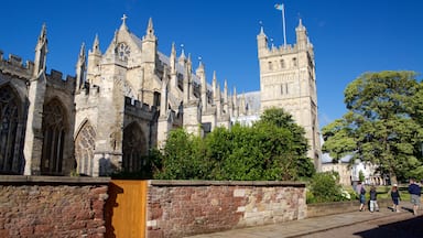 Kathedraal van Exeter toont een kerk of kathedraal en historische architectuur