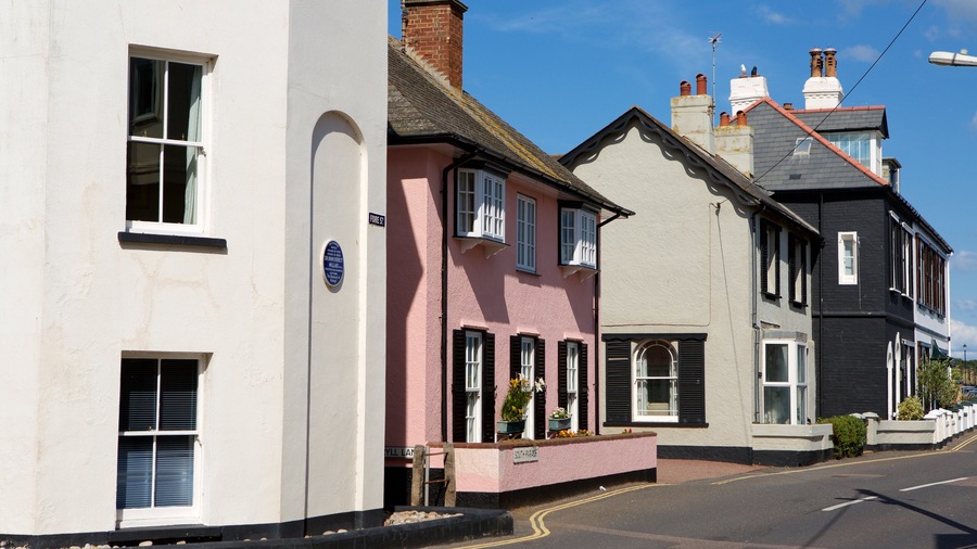 Budleigh Salterton showing a coastal town and heritage architecture