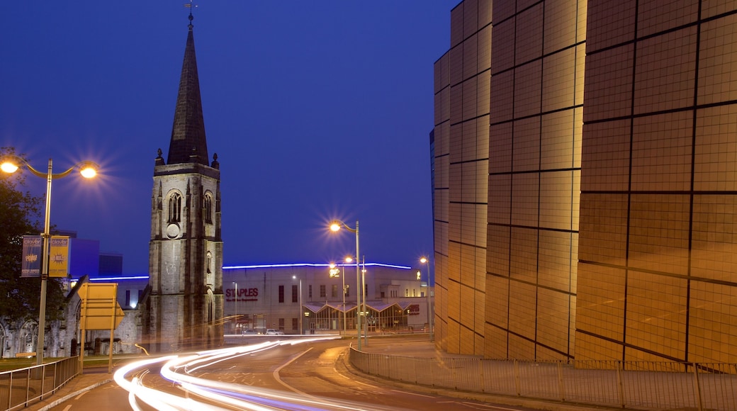 Charles Church showing night scenes and street scenes