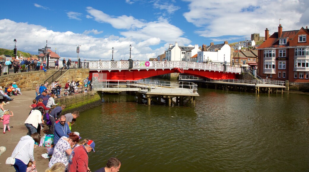 Whitby mettant en vedette pont et ville côtière aussi bien que important groupe de personnes