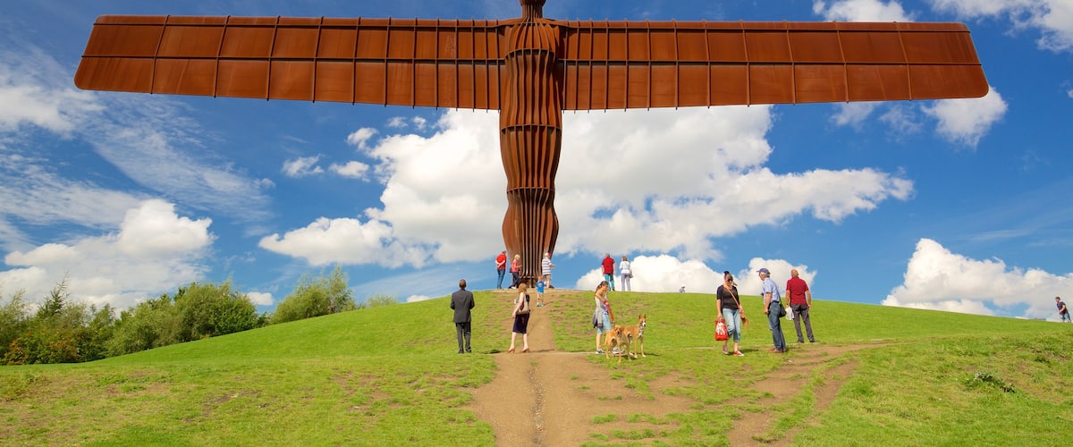 Angel of the North showing skyline and a monument as well as a large group of people