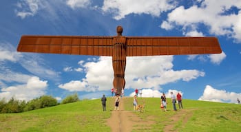 Angel of the North showing skyline and a monument as well as a large group of people