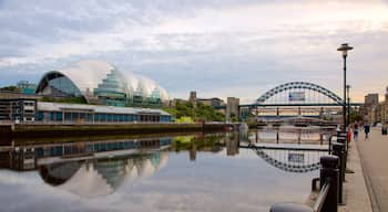 Quayside showing a bridge, modern architecture and a city