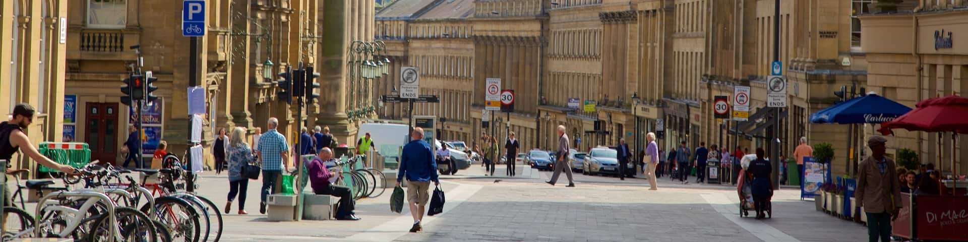 Newcastle-upon-Tyne Theatre Royal showing cafe lifestyle, a city and street scenes