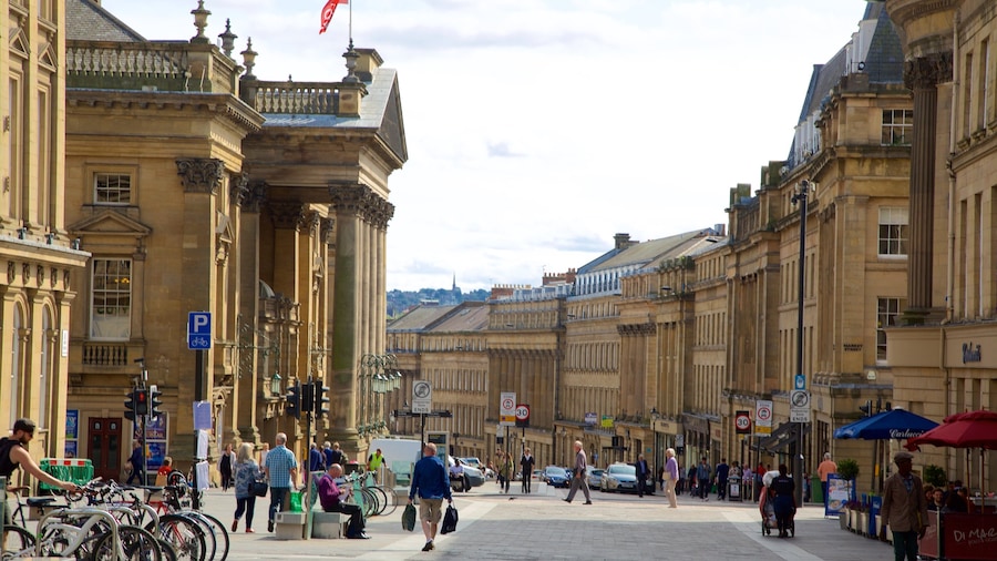 Newcastle-upon-Tyne Theatre Royal which includes cycling, heritage architecture and cafe scenes