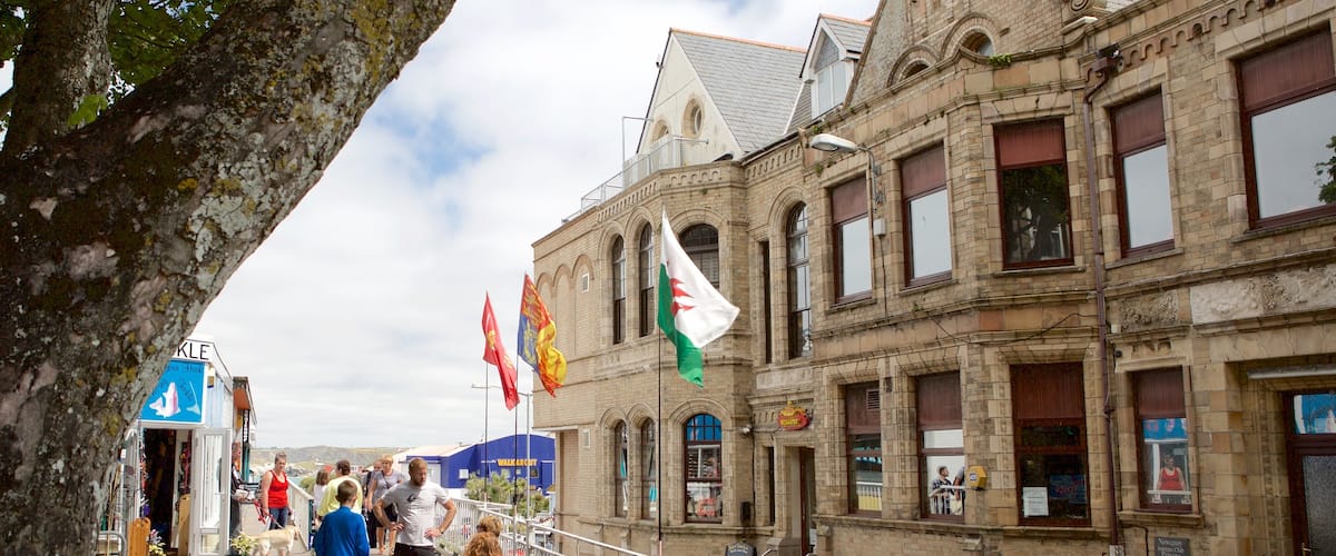 Newquay showing a coastal town, shopping and heritage architecture