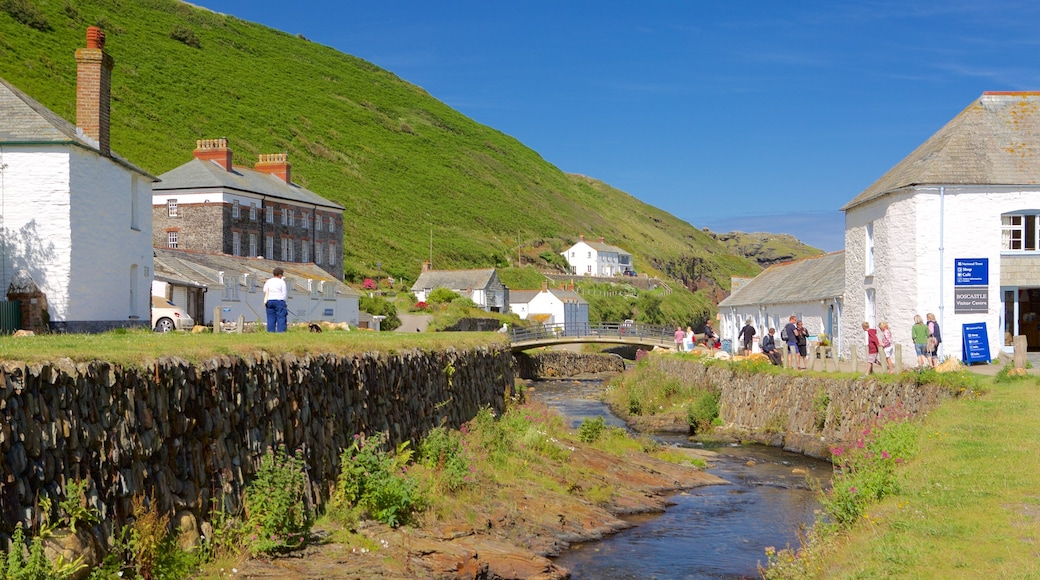 Boscastle inclusief een rivier of beek, een huis en een kuststadje