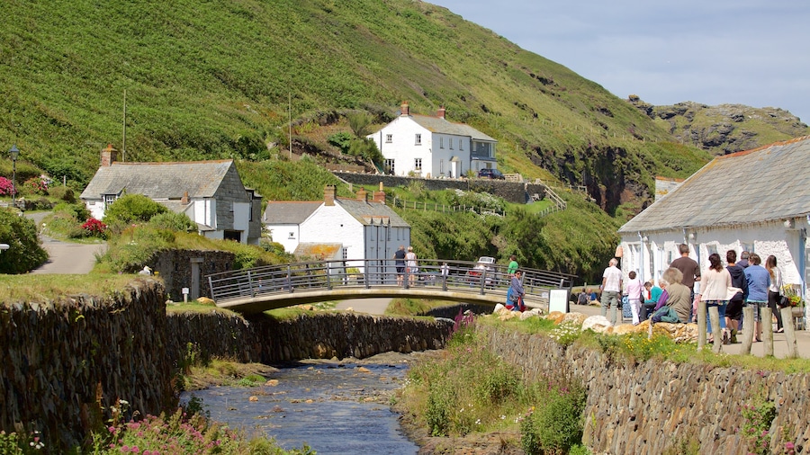 Boscastle which includes a coastal town, a river or creek and a bridge