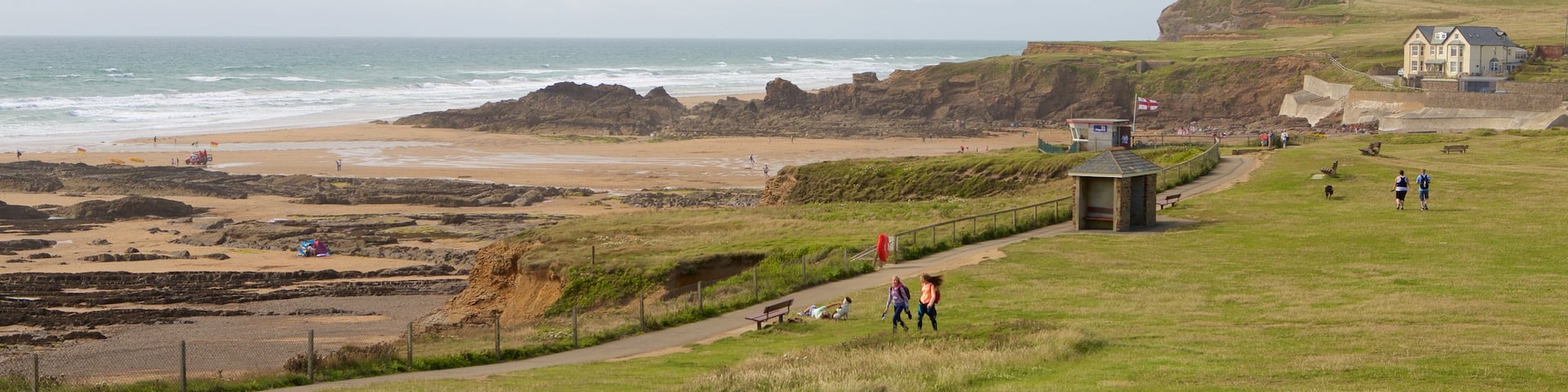 Crooklets Beach featuring a beach and a coastal town