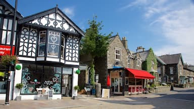 Windermere featuring signage, café scenes and heritage architecture