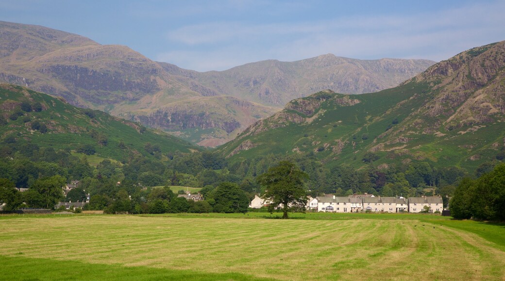 Coniston Water showing a small town or village and mountains