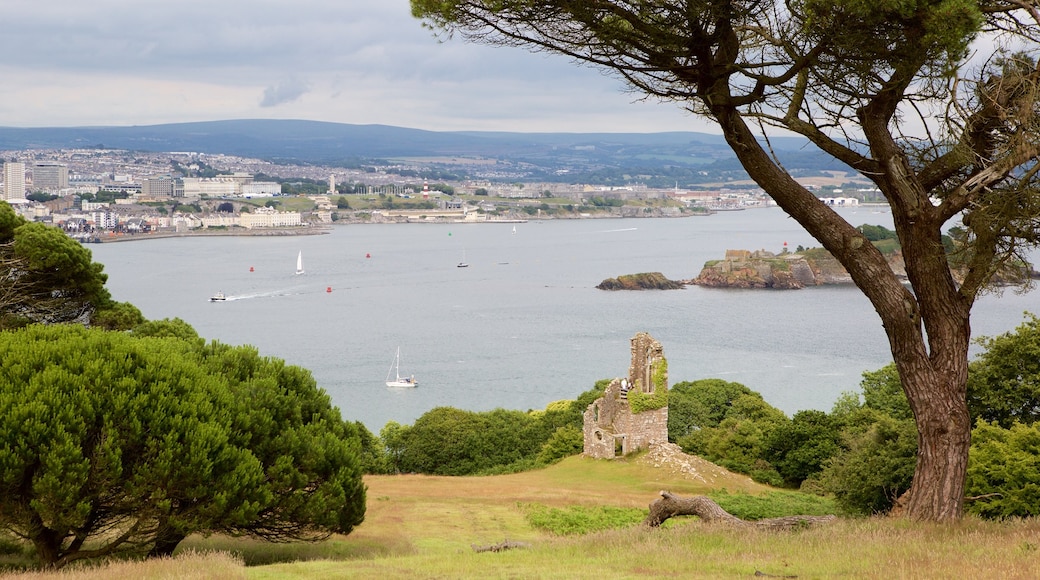 Mt. Edgcumbe showing boating and a coastal town