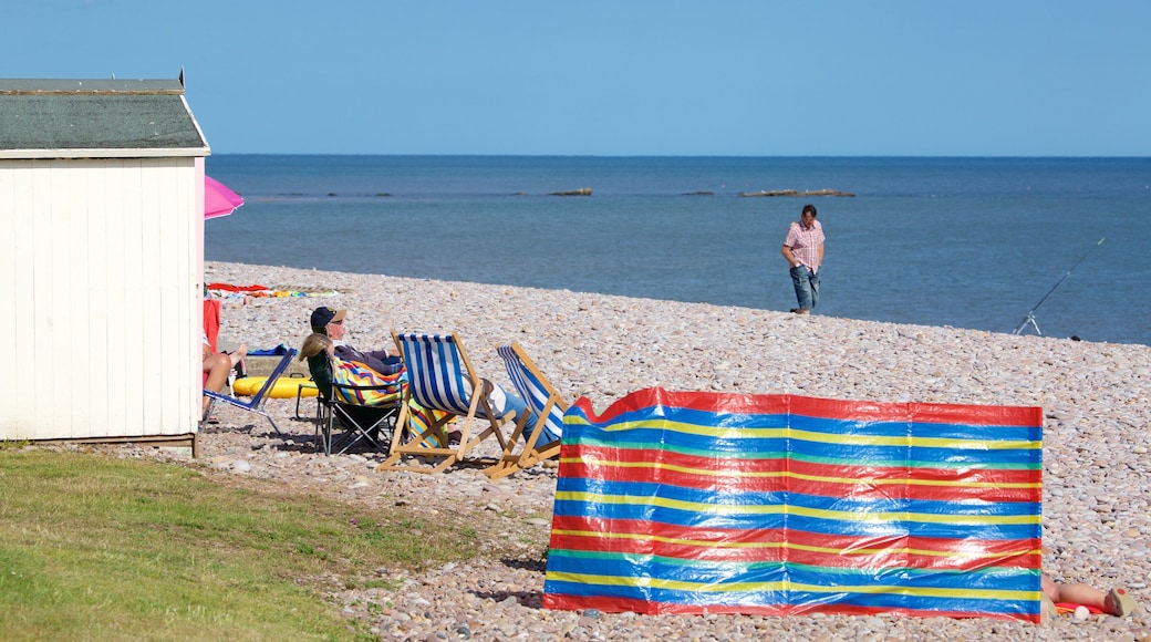 Budleigh Salterton som visar en sandstrand såväl som en man