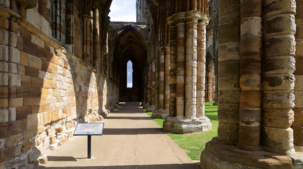 Whitby Abbey som viser historiske bygningsværker og en kirke eller en katedral