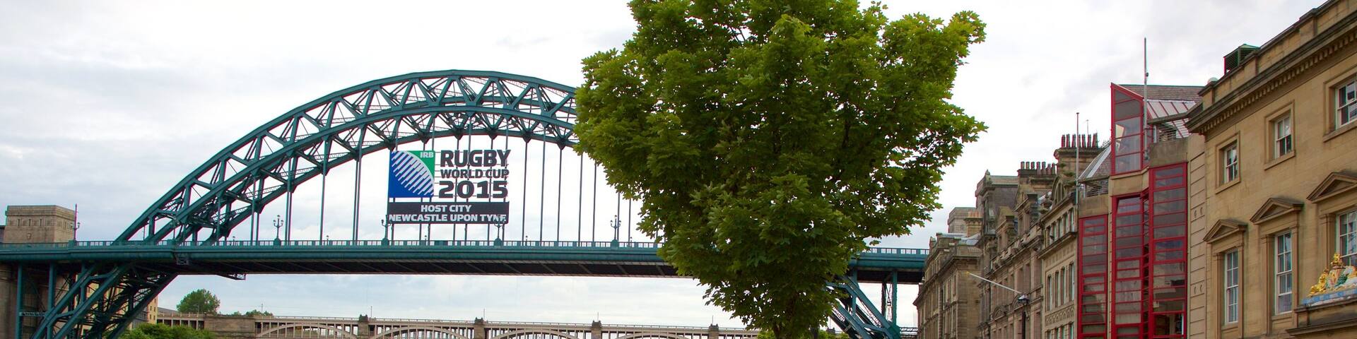 Quayside showing street scenes, signage and a bridge