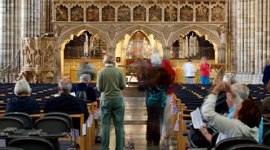 Exeter Cathedral caracterizando vistas internas, aspectos religiosos e uma igreja ou catedral