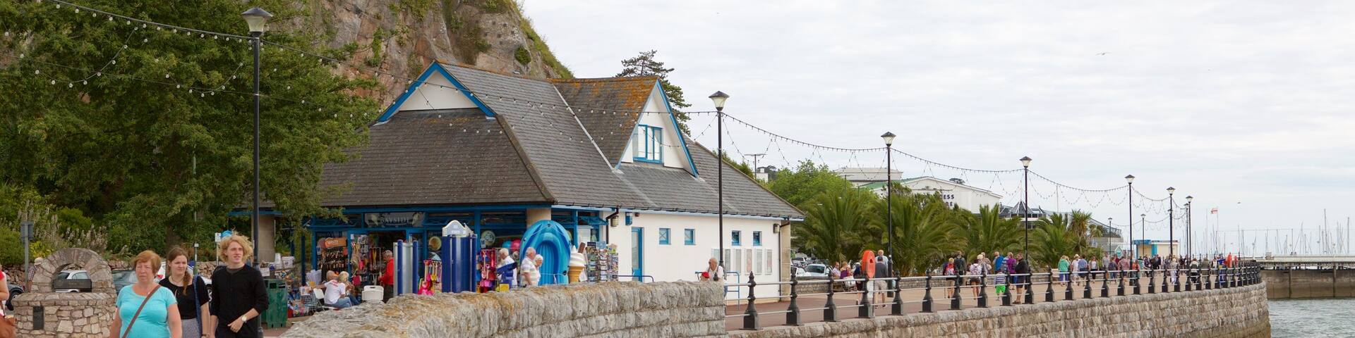 Abbey Sands featuring a sandy beach and café scenes as well as a small group of people