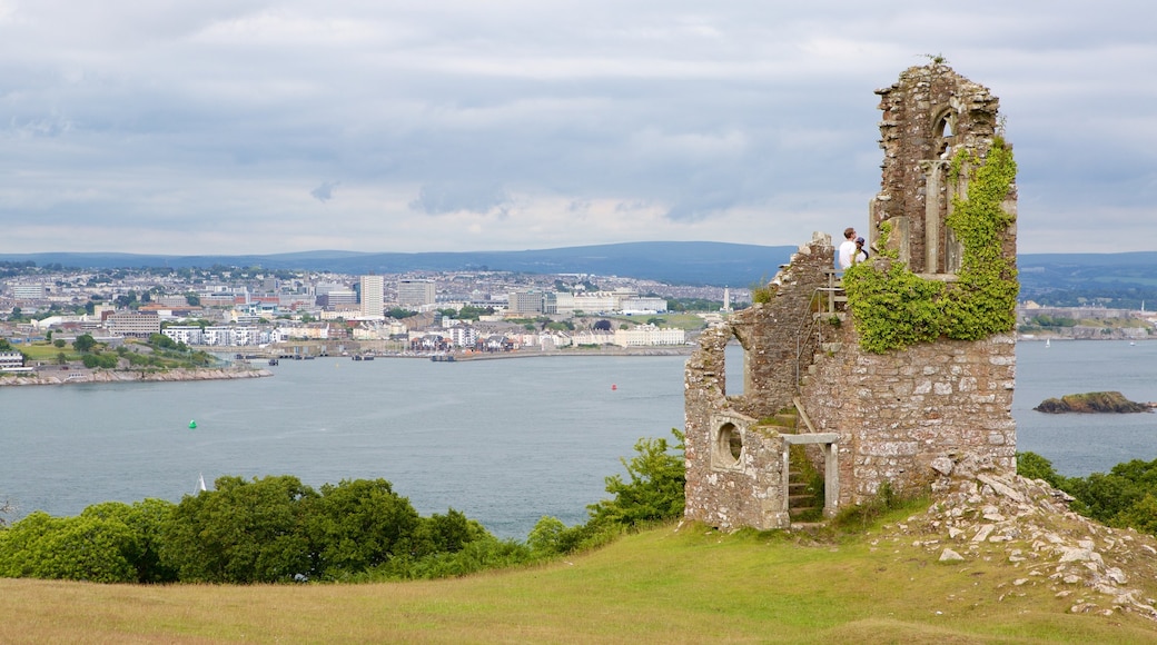 Mt. Edgcumbe featuring building ruins, general coastal views and a city