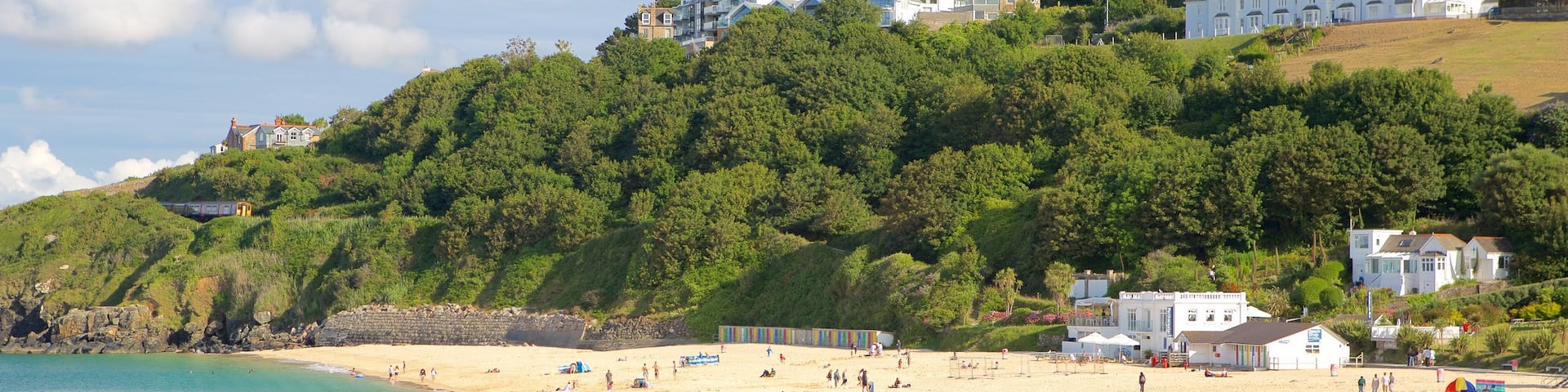 Porthminster Beach showing a beach and a coastal town