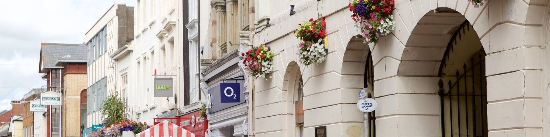 Pannier Market which includes signage and markets as well as a large group of people